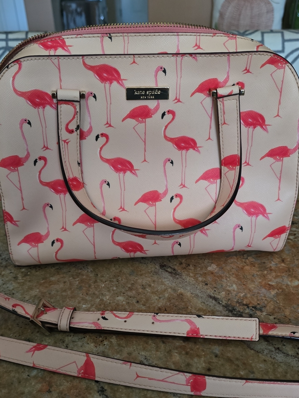 kate spade pink flamingo print dome satchel with Shoulder Strap